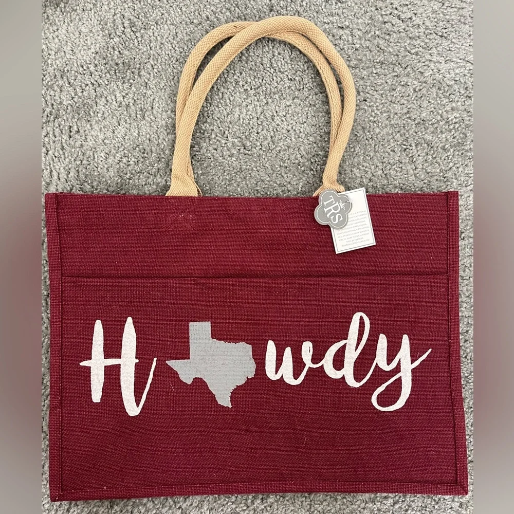 The Royal Standard Howdy Texas Canvas Tote Bag in Burgundy with Front Pocket